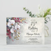 White Orchid Floral 75th Birthday Party Einladung (Stehend Vorderseite)