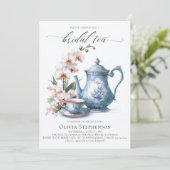 White Orchid Hampton Blue Toile Bridal Teedusche Einladung (Stehend Vorderseite)