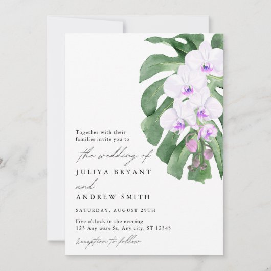 White Orchid on Tropical leaf script wedding Einladung (Vorderseite)