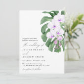 White Orchid on Tropical leaf script wedding Einladung (Stehend Vorderseite)