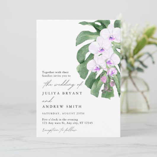 White Orchid on Tropical leaf script wedding Einladung (Stehend Vorderseite)