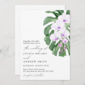 White Orchid on Tropical leaf script wedding Einladung (Vorne/Hinten)