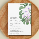 White Orchid on Tropical leaf script wedding Einladung