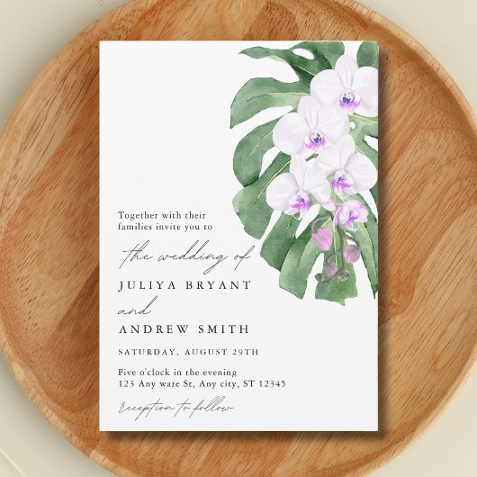 White Orchid on Tropical leaf script wedding Einladung