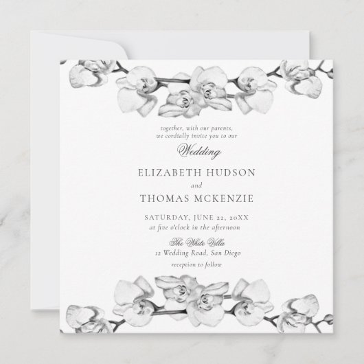 White Orchids Art Sketch Moderne romantische Hochz Einladung (Vorderseite)