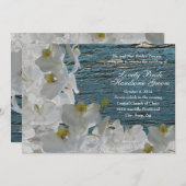 White Orchids Blue Wood Damask Einladung Hochzeit (Vorne/Hinten)
