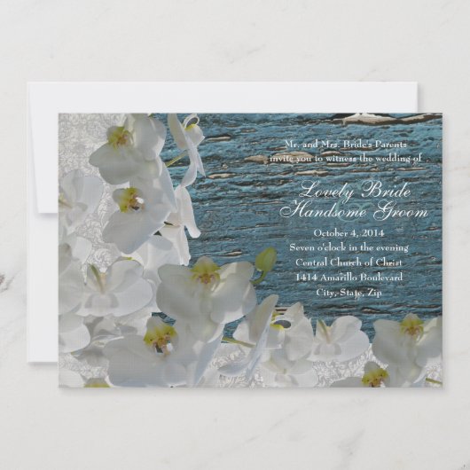 White Orchids Blue Wood Damask Einladung Hochzeit (Vorderseite)