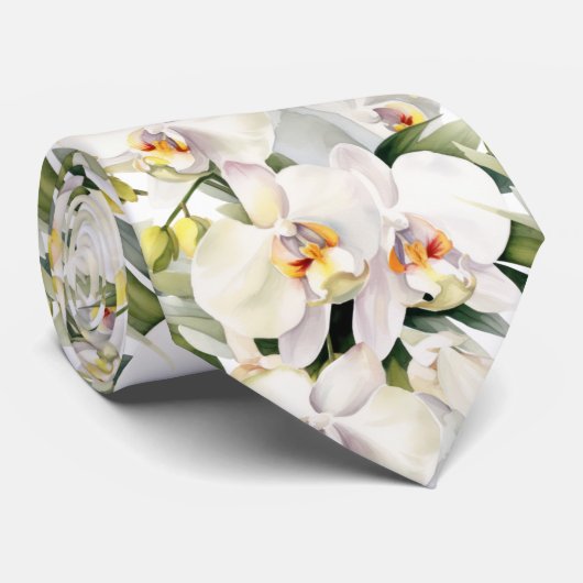 White Orchids Classic Formal Floral Neck Tie Krawatte (Gerollt)