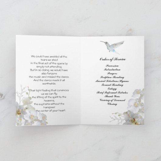 White Orchids Hummingbird Blume Beerdigung Program Programm (Innenseite)