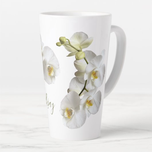 White Orchids Name Template Elegantes Geschenk Lat Milchtasse (Rechte Ecke)