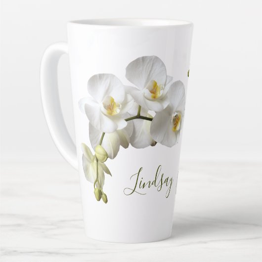 White Orchids Name Template Elegantes Geschenk Lat Milchtasse (Linke Ecke)