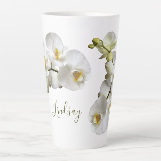 White Orchids Name Template Elegantes Geschenk Lat Milchtasse (Vorderseite)