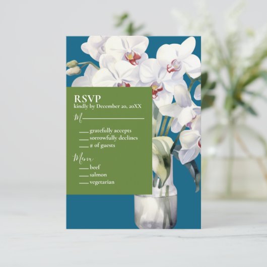White Orchids Ocean Blue Wedding Einladung (Stehend Vorderseite)