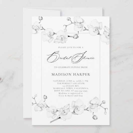 White Orchids Schwarz-weiß Art Modernes Brautparty Einladung (Vorderseite)