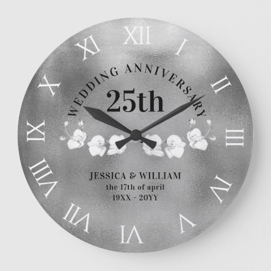 White Orchids Silver Wedding Anniversary Keepake Große Wanduhr (Vorderseite)