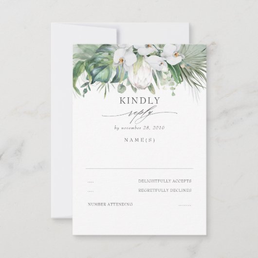 White Orchids und King Protea Wedding RSVP Karte (Vorderseite)