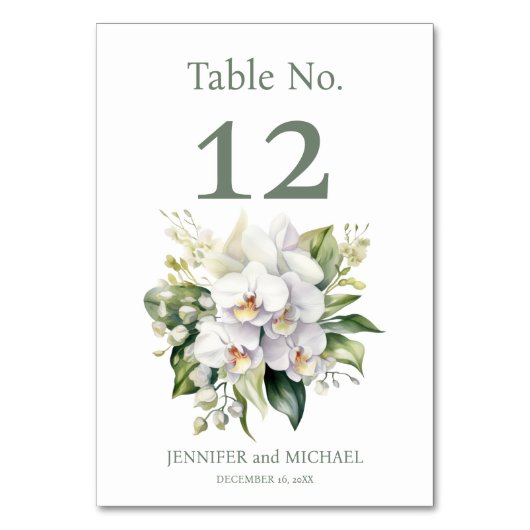 White Orchids Watercolor Hochzeitsstimmung Tischnu Tischnummer (Rückseite)