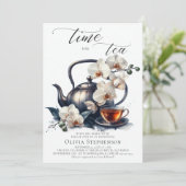 White Orchids Watercolor Script Bridal Teedusche Einladung (Stehend Vorderseite)