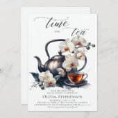 White Orchids Watercolor Script Bridal Teedusche Einladung (Vorne/Hinten)