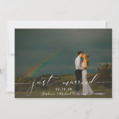 White Overlay Calligraphy Just Married Foto Einladung (Vorderseite)