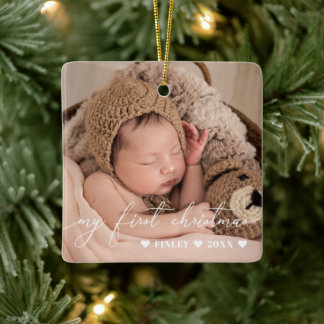White Overlay Script Baby's First Christmas Foto Keramikornament