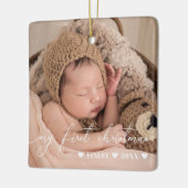 White Overlay Script Baby's First Christmas Foto Keramikornament (Links)