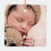 White Overlay Script Baby's First Christmas Foto Keramikornament (Rückseite)