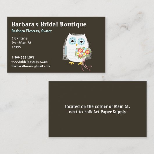 White Owl Bridge mit Blume Bouquet Business Card Visitenkarte (Vorne/Hinten)