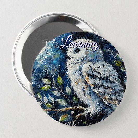 White Owl On Branch in Moonlight Personalized Button (Vorne & Hinten)