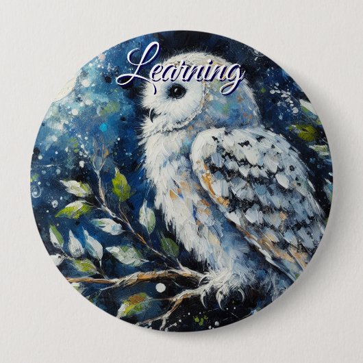 White Owl On Branch in Moonlight Personalized Button (Vorderseite)