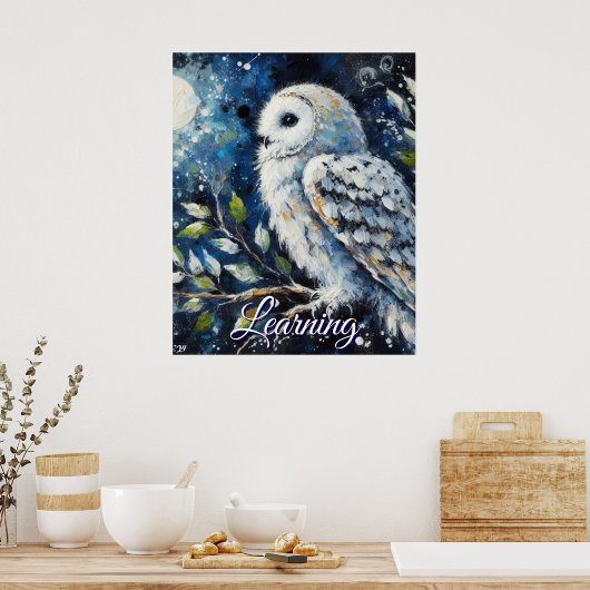 White Owl On Branch Moonlight Personalized Paper Poster (Küche)