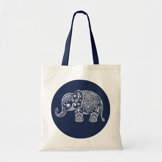 White Paisley Elephant Illustration auf blauem Kre Tragetasche (Vorne)