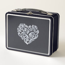 White Paisley Heart on Black Lunch Boxes Metall Brotdose