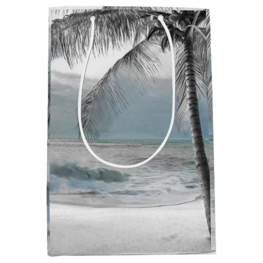 White Palm Coconut Tree Beach Elegante Hochzeit Mittlere Geschenktüte (Vorderseite)