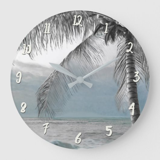 White Palm Coconut Tree Elegant Beach Paradise Große Wanduhr (Vorderseite)