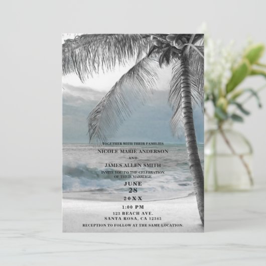 White Palm Coconut Tree Eleganter Strand Hochzeit Einladung (Stehend Vorderseite)