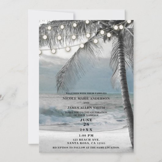 White Palm Coconut Tree & Lights Beach Wedding Einladung (Vorderseite)