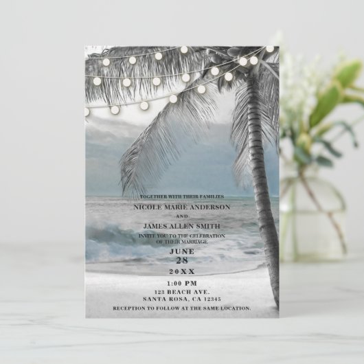 White Palm Coconut Tree & Lights Beach Wedding Einladung (Stehend Vorderseite)