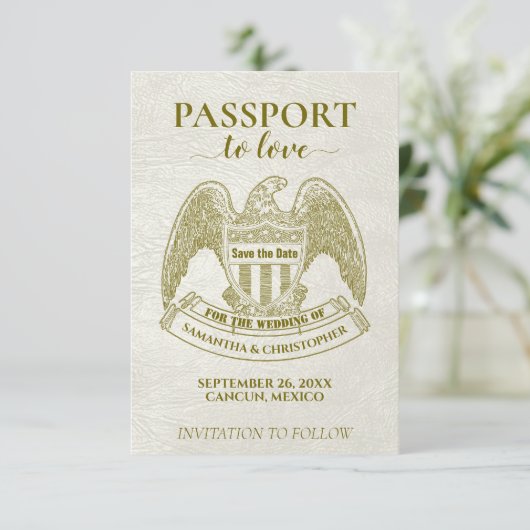 White Passport zur Liebe Spaß Hochzeit in Urlaubso Save The Date (Stehend Vorderseite)