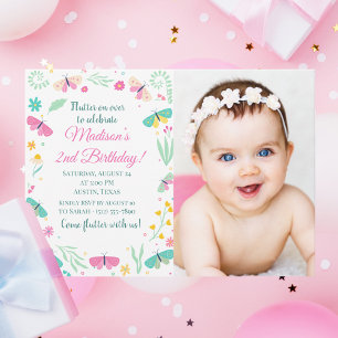 White Pastel Butterfly Girl Garden Foto Geburtstag Einladung