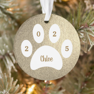 White Paw Print Gold Cat Foto mit Name Year Ornament