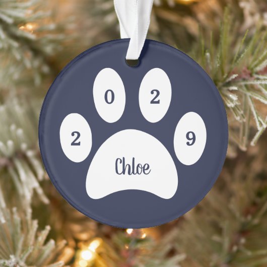 White Paw Print Navy Blue Cat Foto mit Name Year Ornament (Baum)