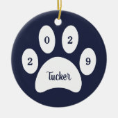 White Paw Print Navy Blue Dog Foto mit Name Year Keramik Ornament (Vorne)