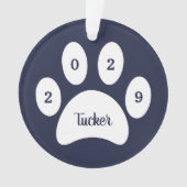 White Paw Print Navy Blue Dog Foto mit Name Year Ornament (Vorderseite)