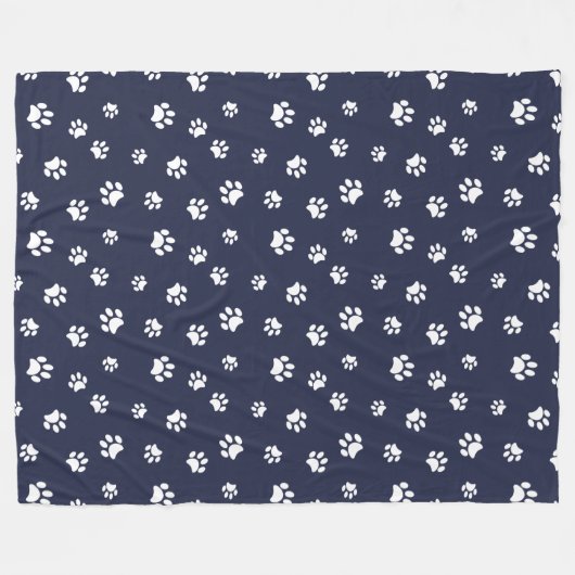 White Paw Prints Muster Navy Blue Fleecedecke (Vorderseite (Horizontal))