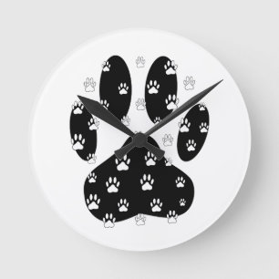 White Paws On Black Paw Print Runde Wanduhr