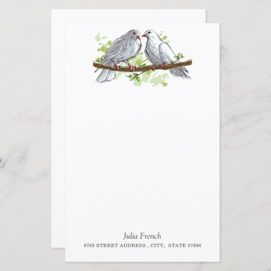 White Peace Dove Birds on Branch Stationery Paper (Vorne/Hinten)
