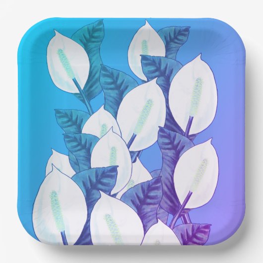 White Peace Lily Illustration Blassblau Lila Pappteller (Vorderseite)
