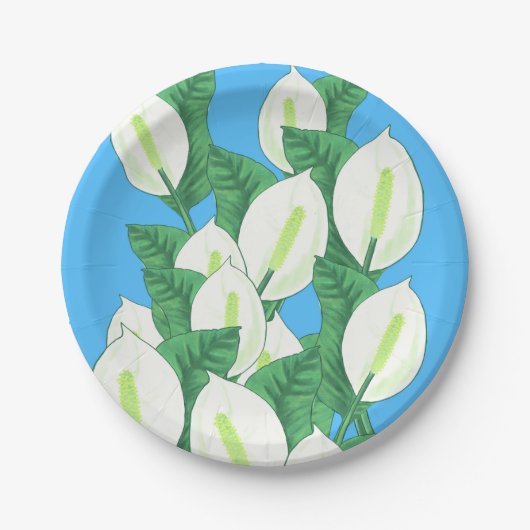 White Peace Lily Illustration Blassblau Pappteller (Vorderseite)