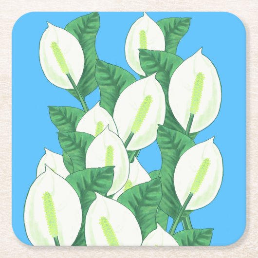 White Peace Lily Illustration Blassblau Rechteckiger Pappuntersetzer (Vorderseite)